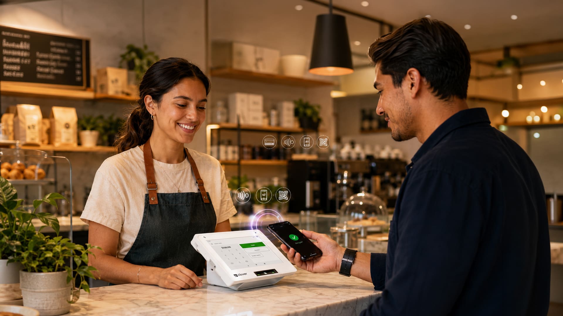 Un cliente paga con su teléfono inteligente en un mostrador mientras una cajera con delantal sonríe, con un terminal de pago y artículos de la cafetería visibles al fondo.