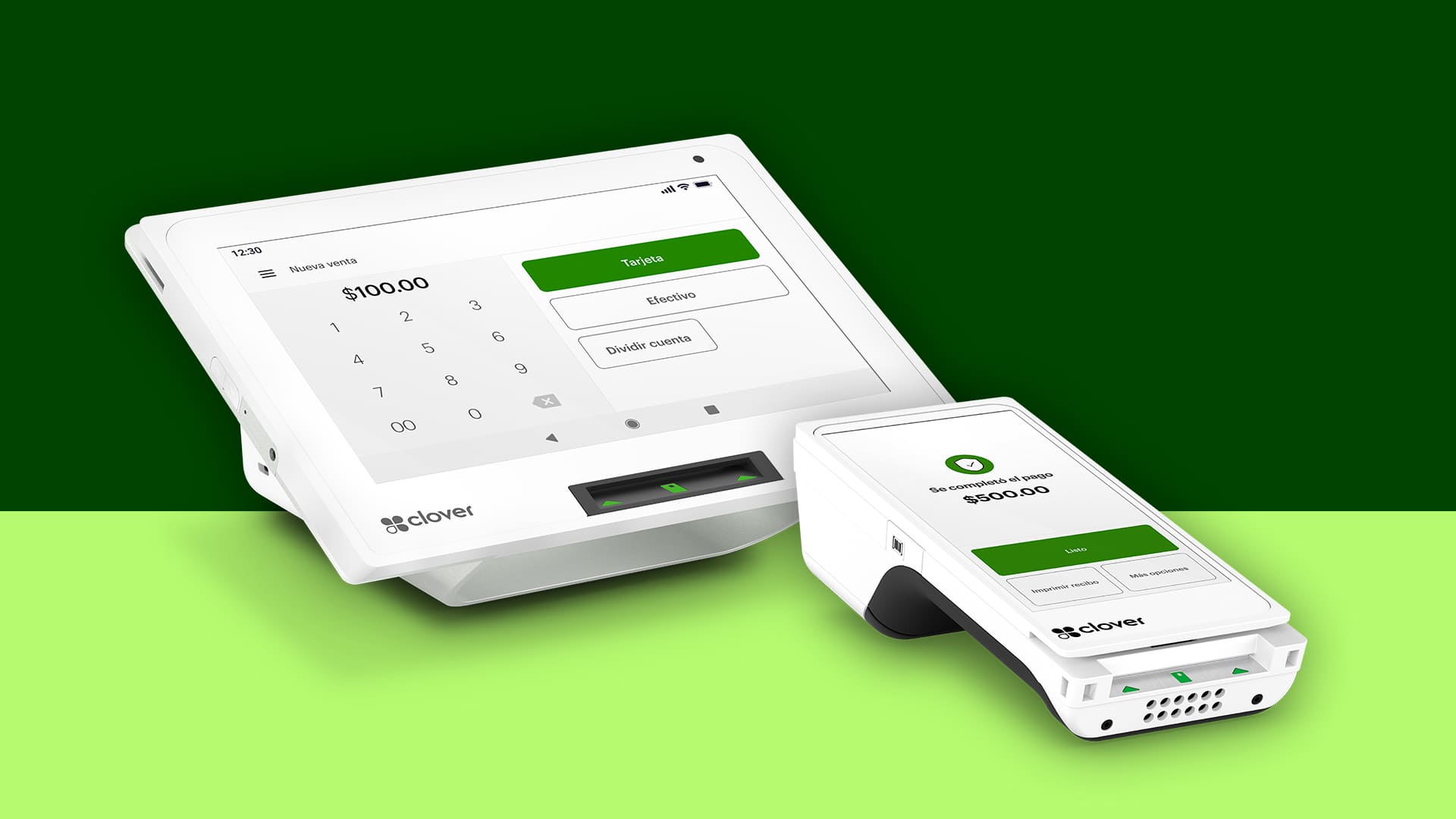 Sistema de punto de venta Clover con pantalla táctil y terminal portátil de pago sobre fondo verde